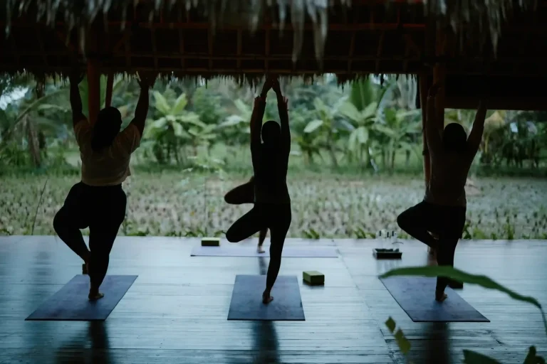 Guests practising yoga in an open pavilion above Ubud rice fields
