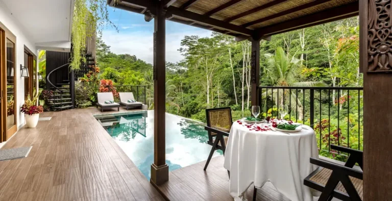 Private dining pavilion overlooking a jungle pool