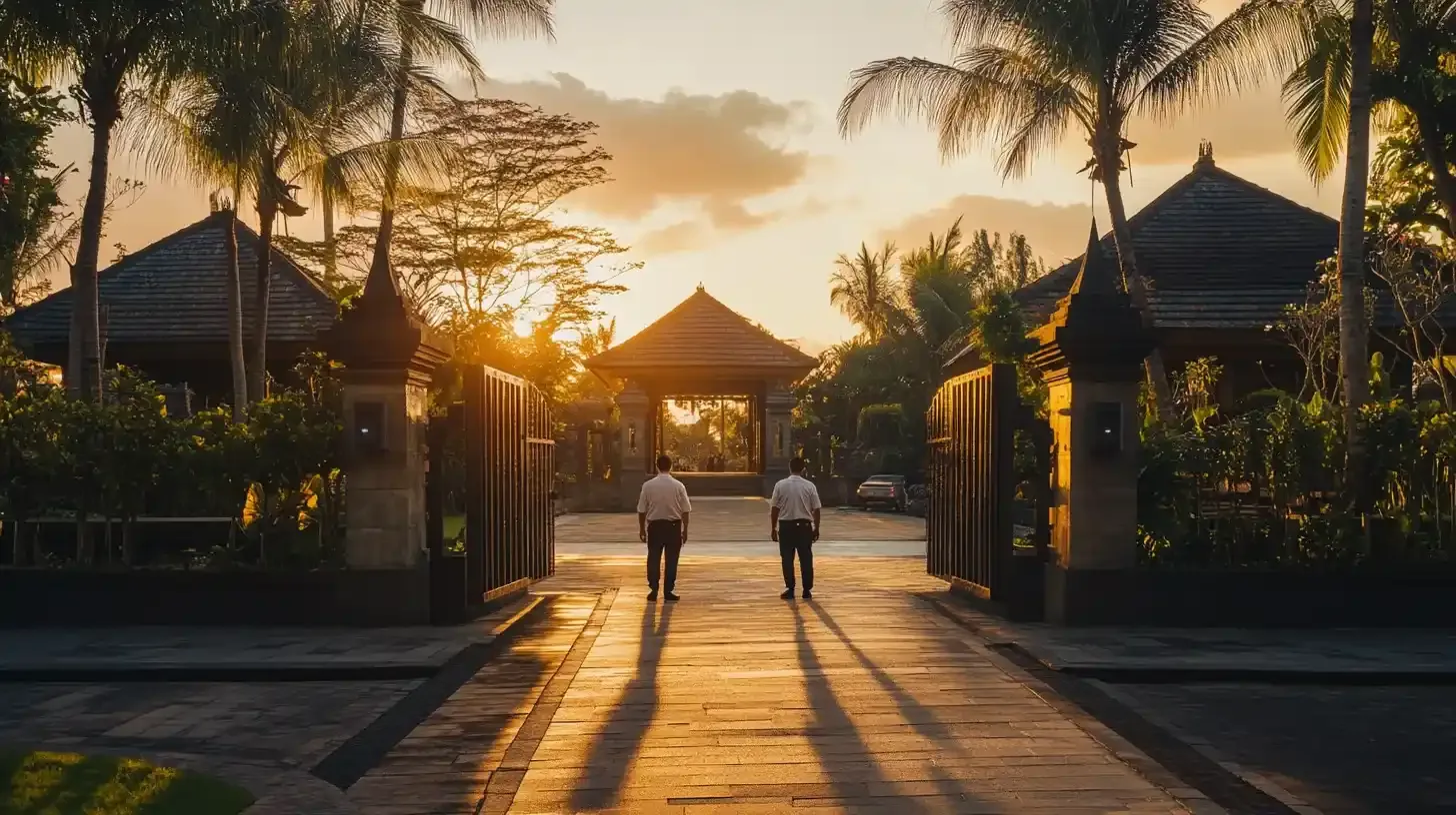 Two guests walking between lantern-lit pavilions at sunset